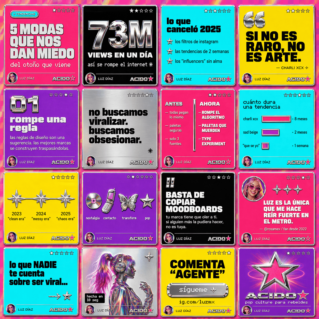Grid de 16 slides estilo Y2K neón con paleta multicolor y cromados