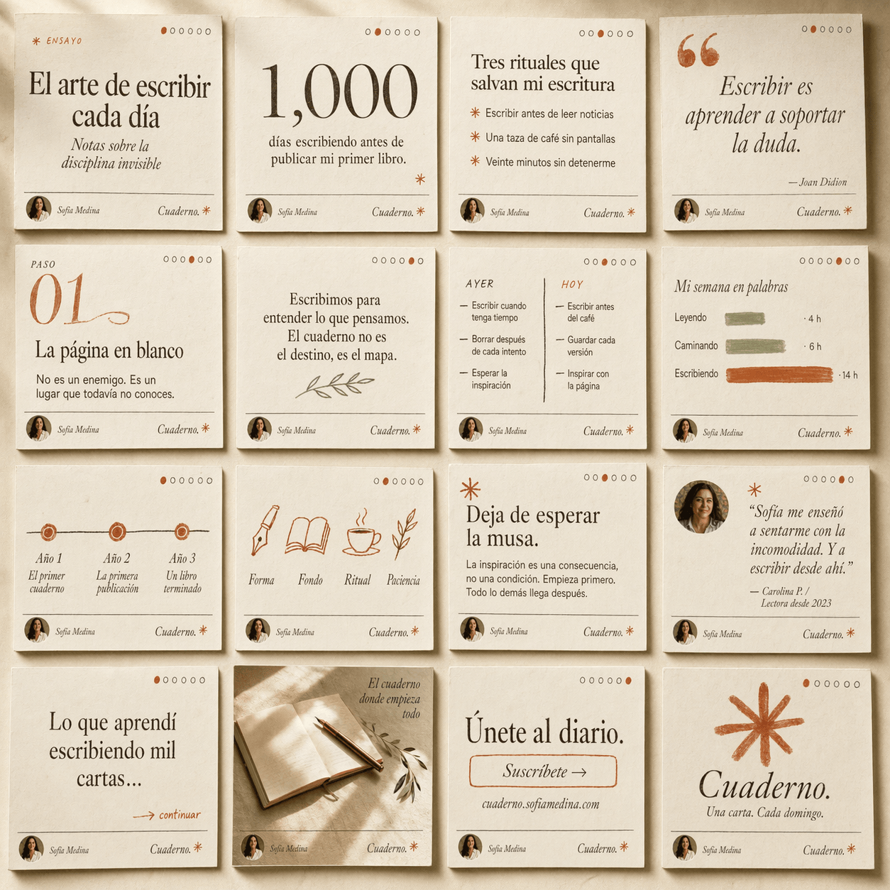 Grid de 16 slides estilo editorial cálido en papel crema con acento terracota