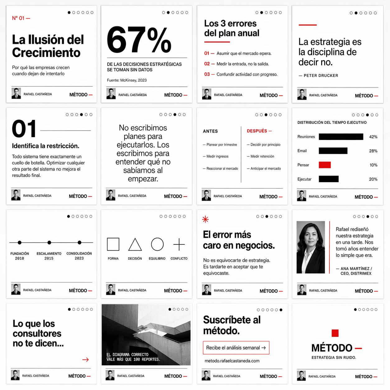Grid de 16 slides estilo Swiss minimalista en blanco con acento rojo